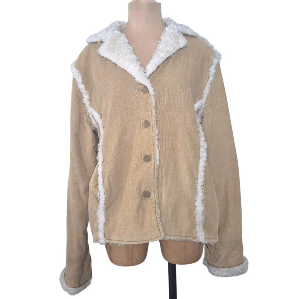 Vintage Rave Y2K Tan Corduroy Sherpa Trim Jacket Coat Size Large